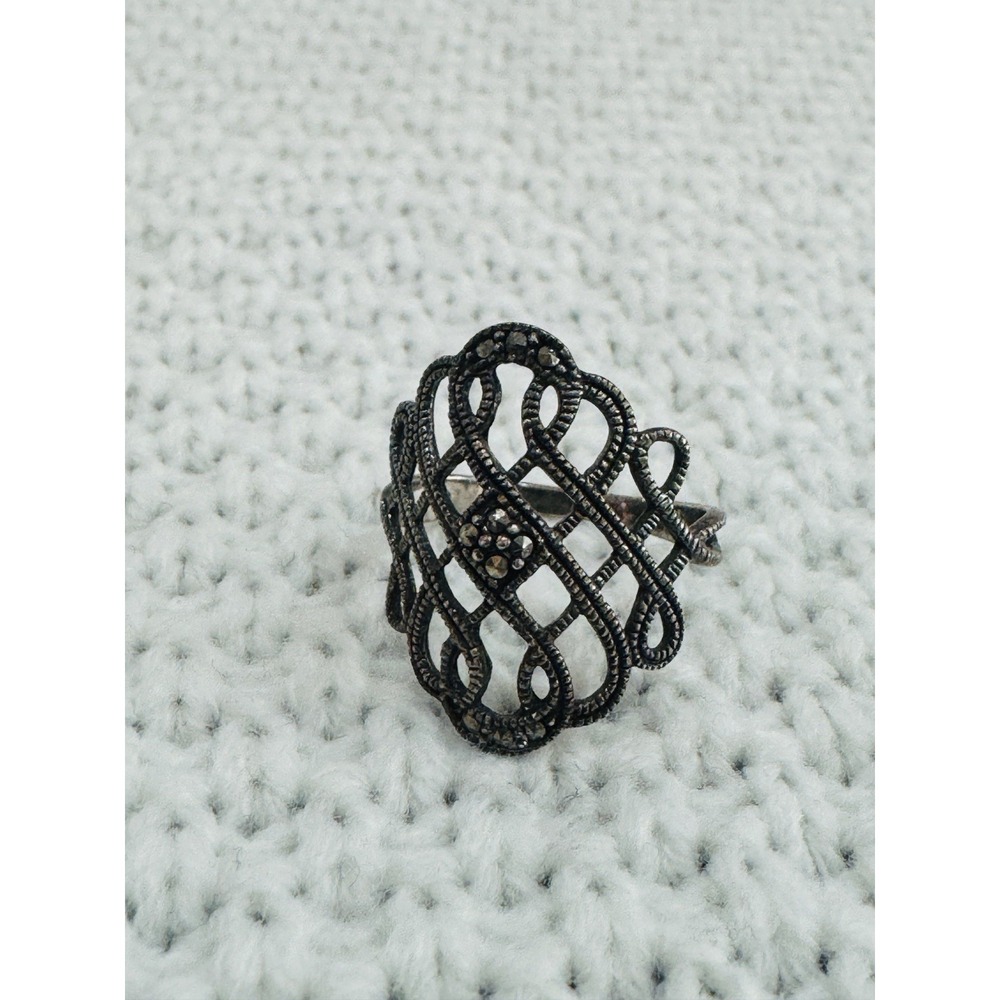 Vintage 925 Sterling Silver Marcasite Openwork Filigree Lattice Statement Ring